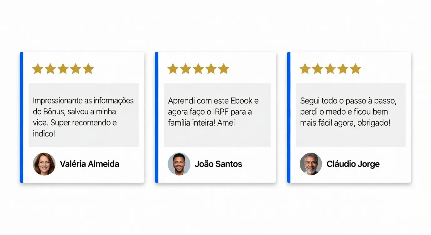Compilação de avaliações 5 estrelas de clientes que usaram o guia IRPF 2026