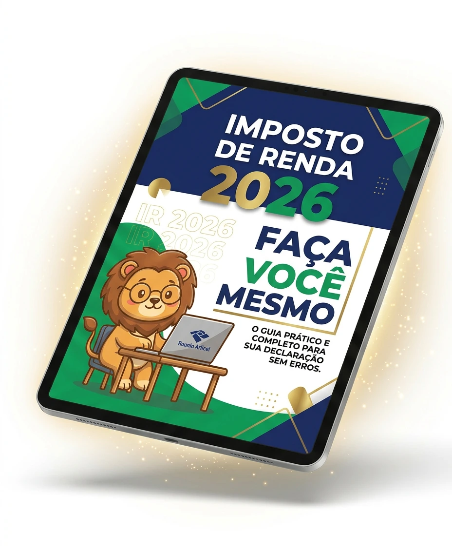 E-book Imposto de Renda 2026 mostrando capítulos sobre como declarar IRPF para CLT, MEI, autônomo e investidor