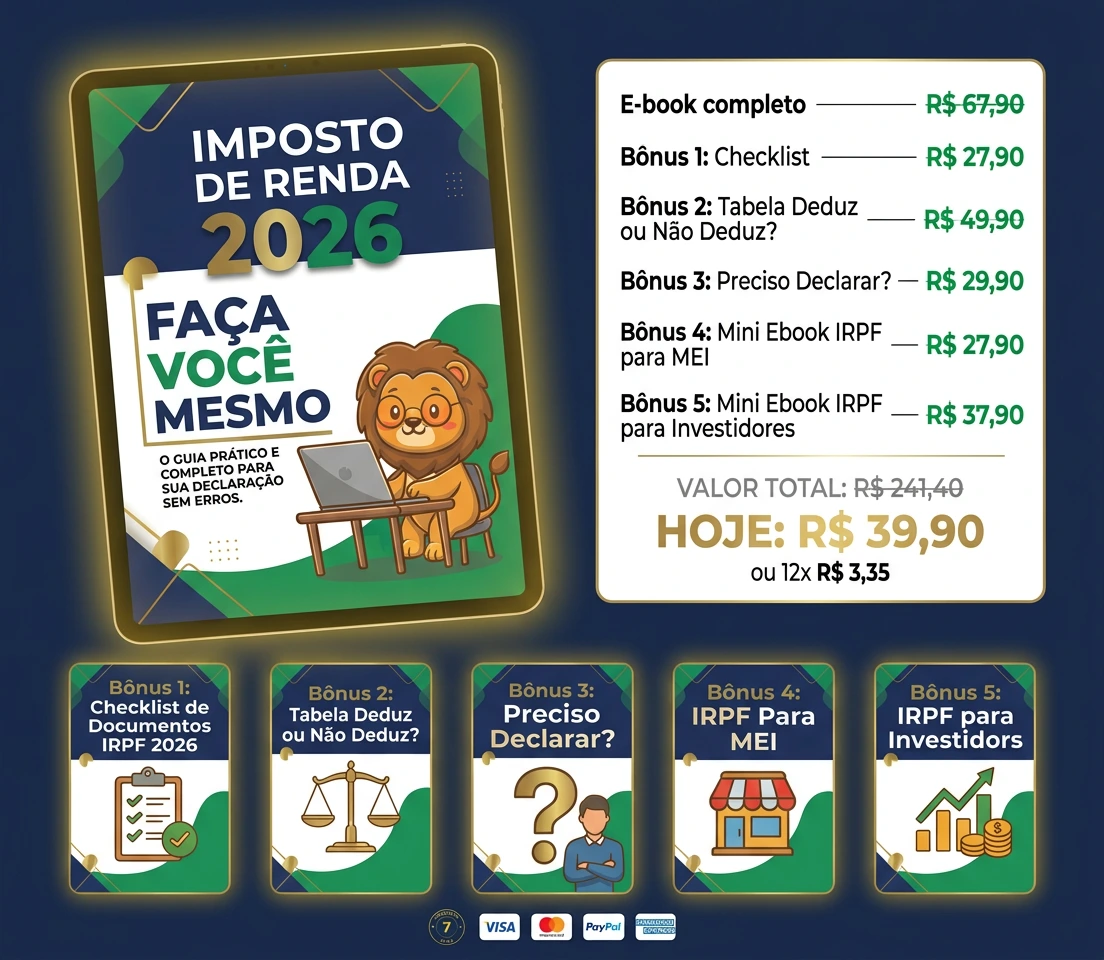 Pacote completo do e-book Imposto de Renda 2026 com todos os 5 bônus incluídos